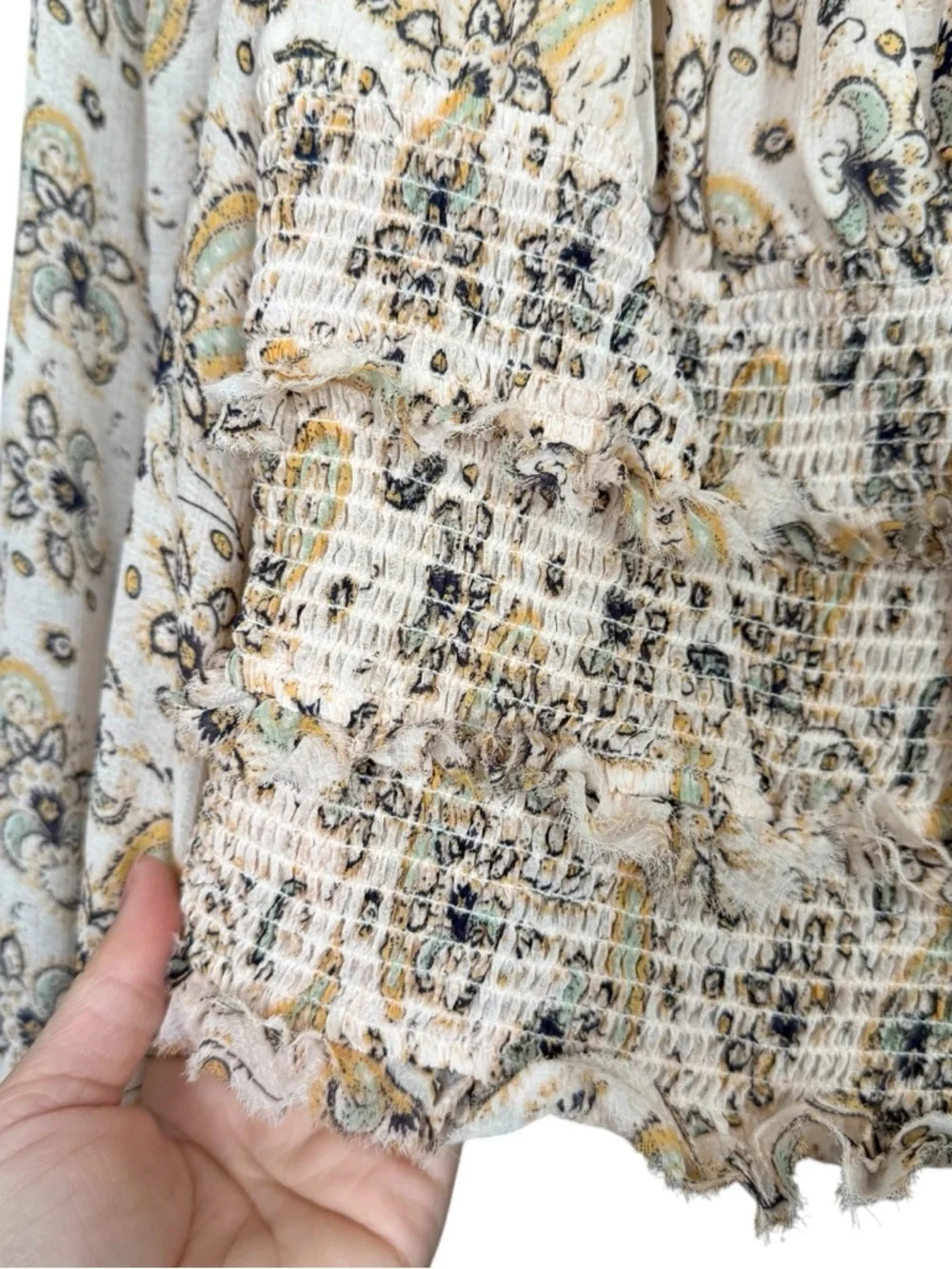 Free People Cream Sheer Paisley Boho Smocked Peasant Blouse